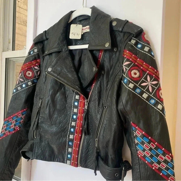 NWT Free People Mari Leather Moto Jacket Embroidered Black - Picture 9 of 17